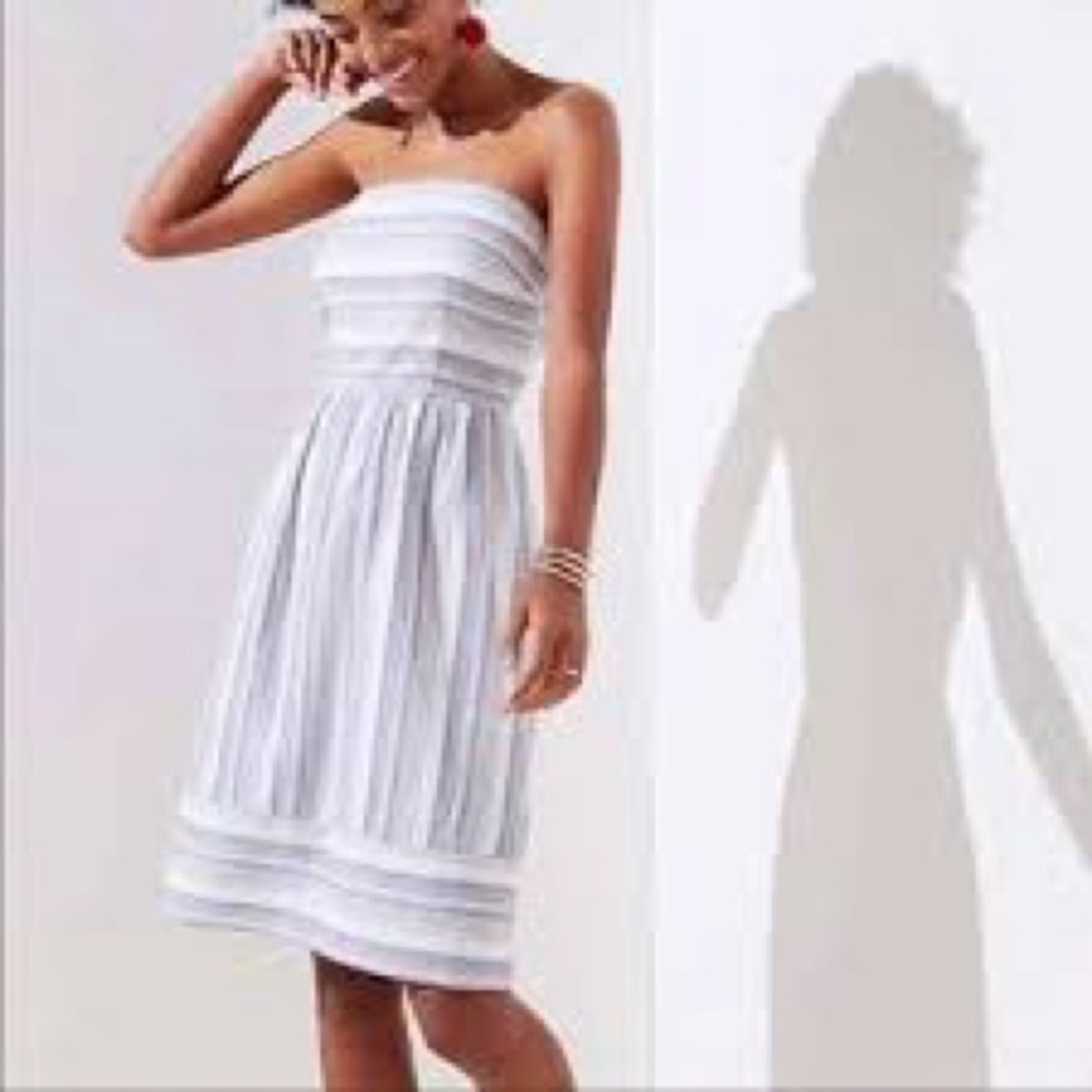 Loft New! Coastal White Blue Striped Strapless Dress Size Medium